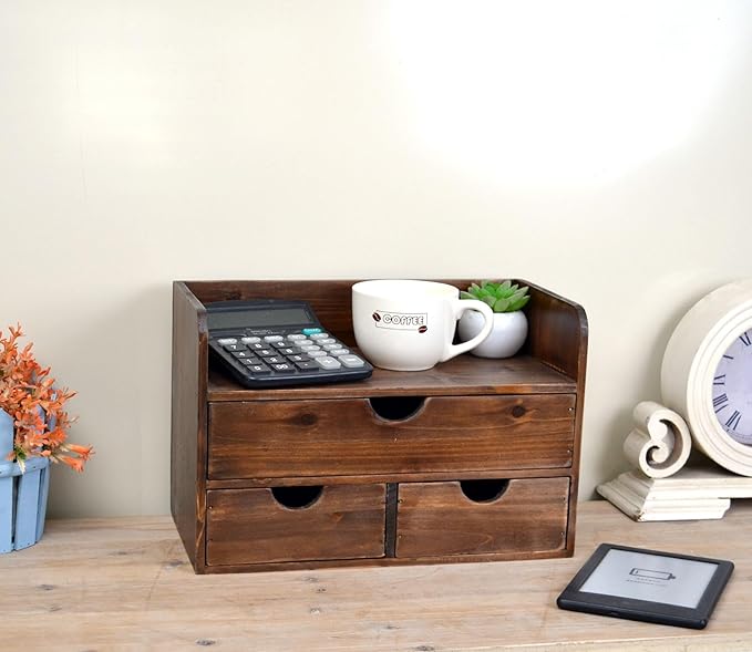 Vintage Rustic Brown Wooden 3 Drawer with Shelf Office Desk Organizer & Mail Rack For Desktop,Box for Office Home Toiletries Supplies Vanity, No Assembly Required (Brown)