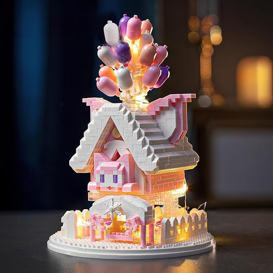 House Building Blocks Kit Toys Set, Miniature1493 Pcs Micro Bricks Collectible Creative Teen Girl Gifts Age 14 and Up, Dust Cover, and Wooden Base Up Balloon Castle Toys DIY Decoration Home