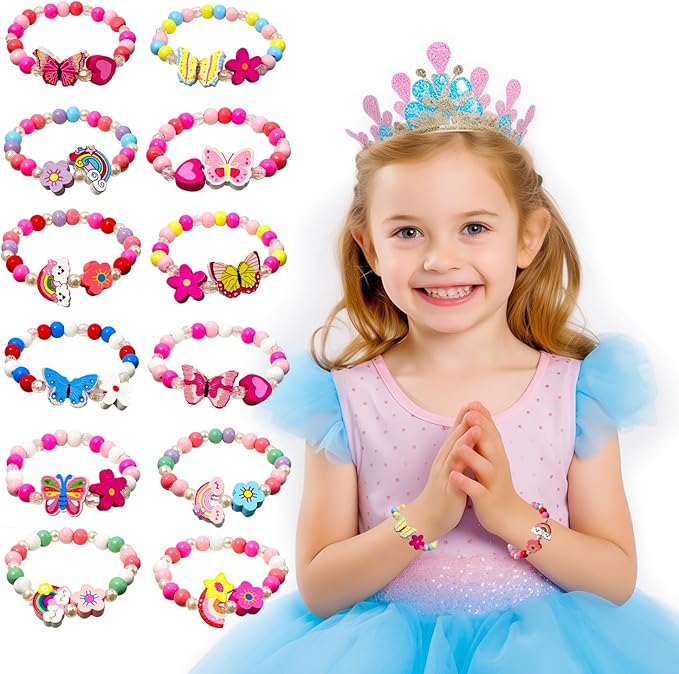 12pc Little Girl Bracelet for Toddler Kids, Rainbow Butterfly Wooden Bracelets, Little Girl Princess Pretend Play and Dress Up Bracelet, Little Princess Jewelry Gift