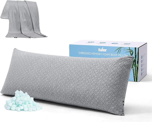 Thick Memory Foam Body Pillow - Full Body Pillows for Side Sleeper - with Grey Cooling Pillowcase 20 x 54 inches (Grey Color)