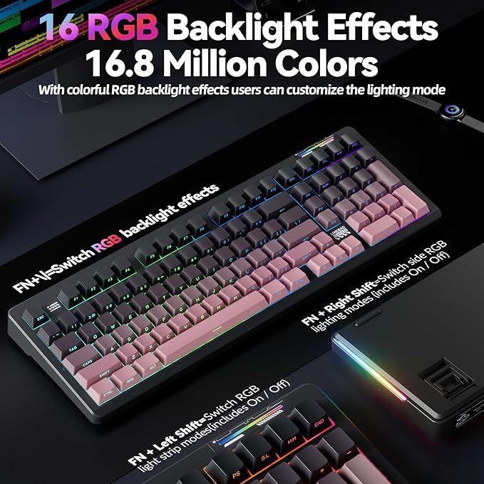 LINGBAO K98 - 96% Wireless Mechanical Keyboard, Tri-Mode BT5.0/2.4GHz/USB-C, Creamy Keyboard with Number Pad, Gasket Hot Swappable Linear Switches RGB Backlit Gaming Keyboards for Win/Mac/PC, (Pink)