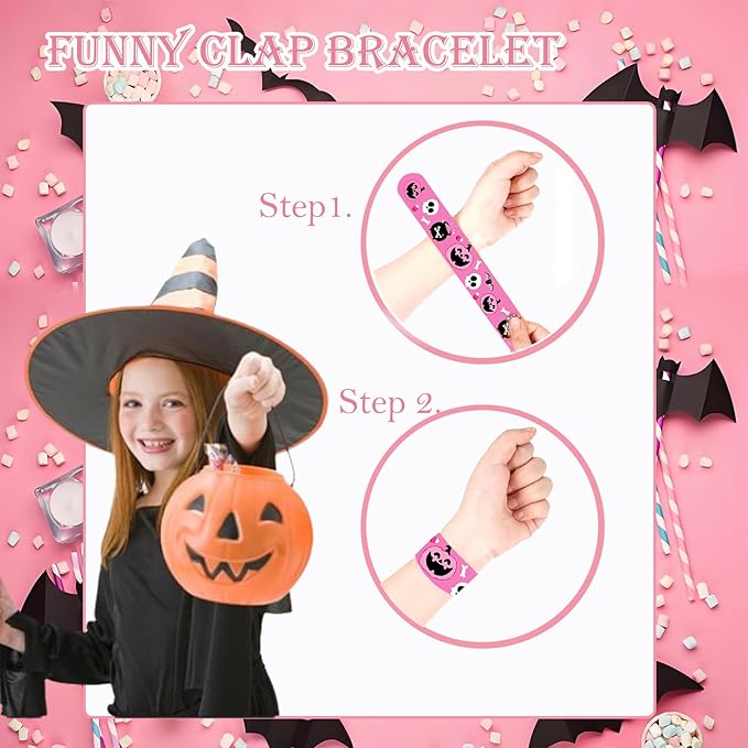48 PCS Pink Halloween Slap Bracelets Party Favors, Bulk Snap Bracelet Party Favors Supplies for kids&teens Gifts Teacher Classroom School Prizes