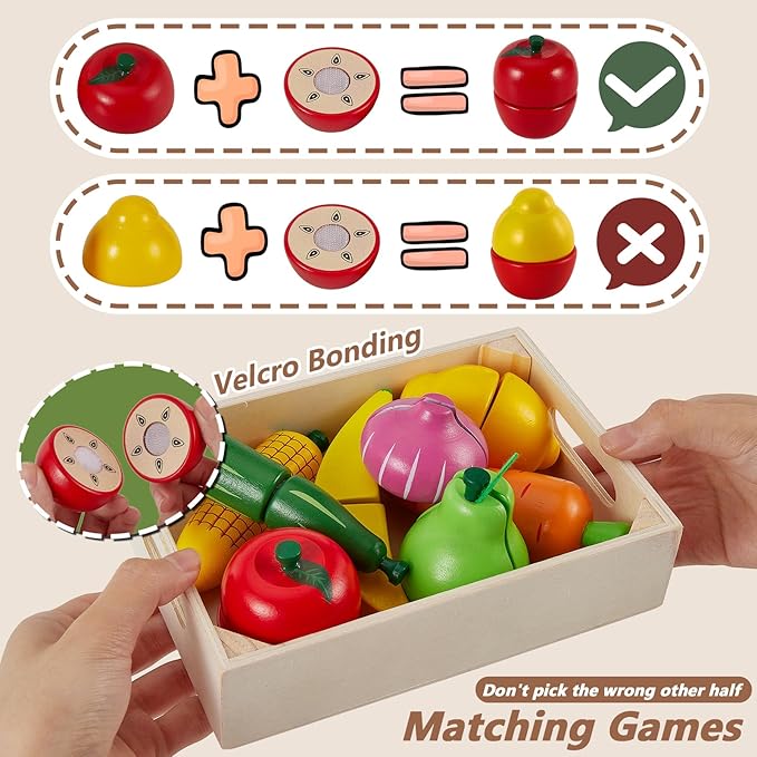 HERSITY Wooden Play Food Set Cutting Fruits and Veggies Toys for Toddlers 1-3, Pretend Play Kitchen Accessories Montessori Educational Toys for Kids Boys Girls 18 Months+