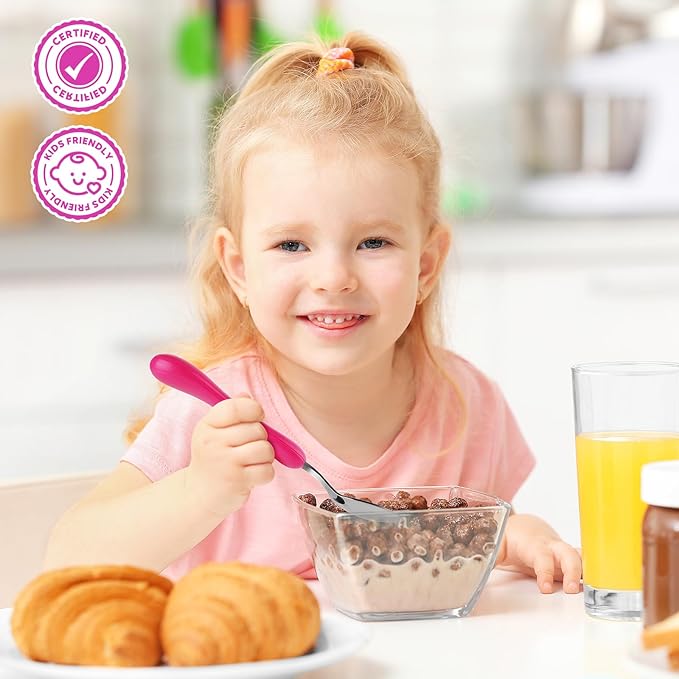 Lehoo Castle Toddler Fork and Spoon, 6pcs Toddler Utensils Kids Silverware, Safe Stainless Steel Toddler Fork Spoon Set, Children Flatware Set, Incudes 3 Spoons and 3 Forks (Pink)