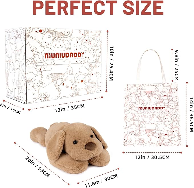 Niuniu Daddy Weighted Dog Stuffed Animals for Anxiety, 3.3lb Weighted Plush Dog Toy Pillowfort for Adults Kids Girls Boys, Large Stuffed Puppy Plush Pillow as Gift for Valentine Include Bag Sticker