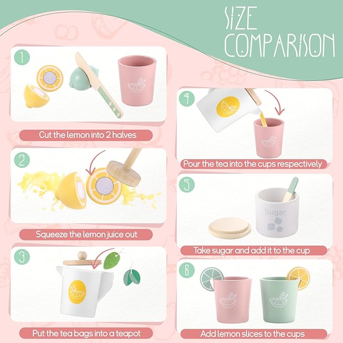 Lemonade Stand for Kids Tea Set Pretend Play Toys Tea Party Set Lemonade Stand Supplies No Assembly Required Non-Toxic Wooden Toys Tea Sets for Toddlers 3-5 Birthday Gift