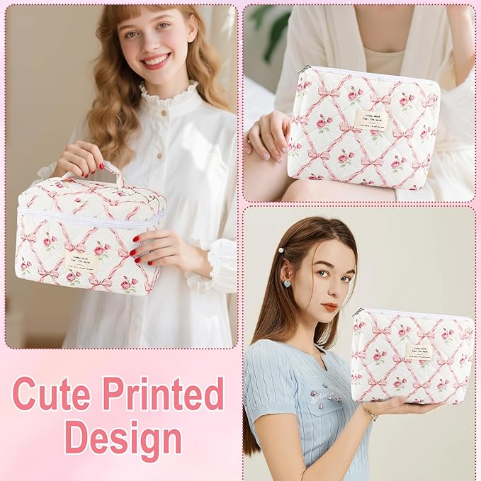URSKYTOUS 2Pcs Cotton Quilted Makeup Bag for Women Girls Large Small Travel Floral Cosmetic Bags Set Cute Coquette Pink Makeup Pouch for Purse Aesthetic Cloth Flower Storage Toiletry Bag Organizer