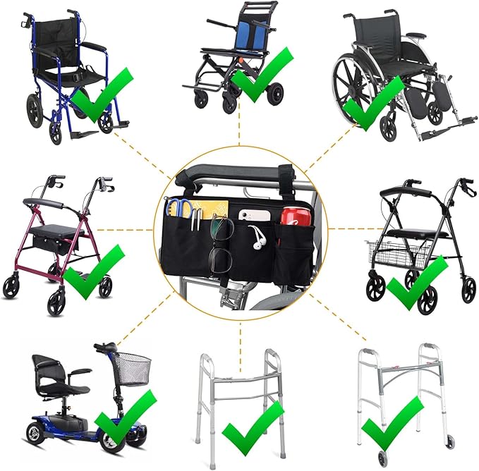 Wheelchair Side Bag with Cup Holder,Wheelchair Armrest Accessories Storage Pouch for Rollator，Walker，Power Wheelchairs，Nylon Walker Side Bag, Black
