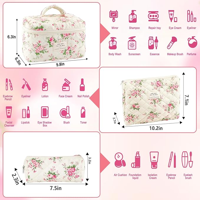 URSKYTOUS 3Pcs Cotton Quilted Makeup Bag for Women Girls Large Small Travel Pink Floral Cosmetic Bags Set Cute Coquette Makeup Pouch for Purse Aesthetic Cloth Flower Storage Toiletry Bag Organizer