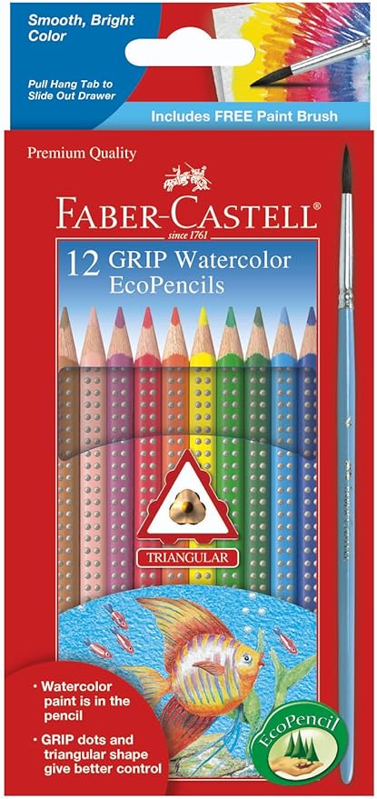Faber-Castell Grip Watercolor EcoPencils: 12 Watercolor Pencils with Brush, Watercolor and Colored Pencil Set, Art Supplies for Kids