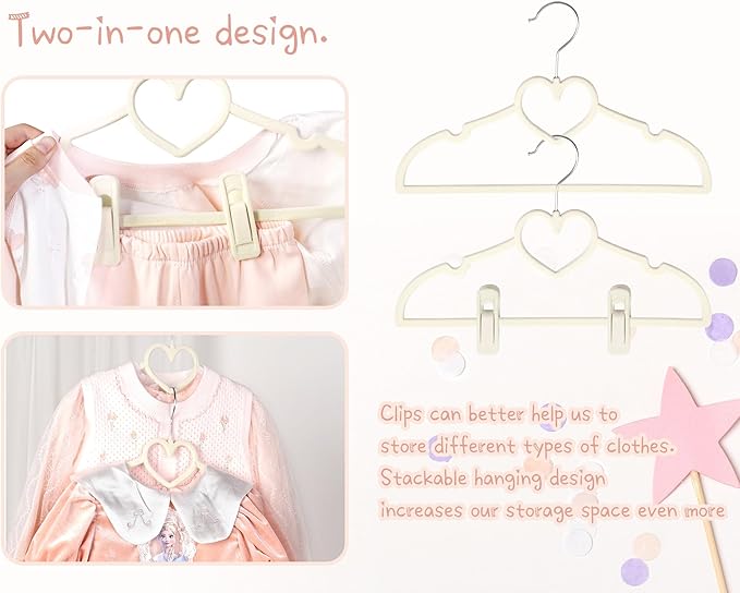 Beige Heart Velvet Baby Hangers - 50pack 13inch Toddler Hangers with 20pcs Clips,Ultra Slim and Stackable Space Saving