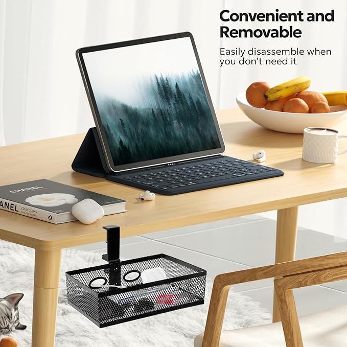 Under Desk Drawer Organizer Clamp On - 360° Swivel Metal Mesh Storage Basket, Hidden Rotating Desktop Tray for Standing Desk, Office Supplies & Gaming (No Drill, Black)