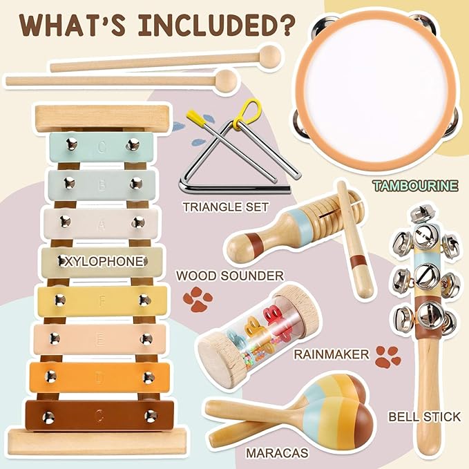 LOOIKOOS Baby Musical Instruments for Kids Montessori Music Toys for Toddlers 1-3,Neutral Colors Wooden Percussion Instruments Set with Modern Boho Xylophone for Kid Preschool Educational 3+