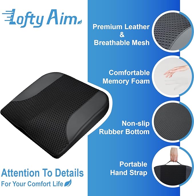 Car Seat Cushion, Comfortable Memory Foam Seat Pillow for Driving, Sciatica-Back Pain Relief, Cushion for Car-Truck, Office, Wheelchair - Black