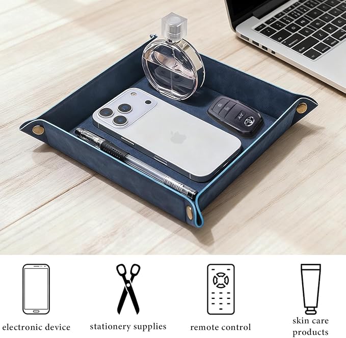 WAYIFON Valet Tray Desktop Storage Organizer – Premium PU Leather Catchall Bedside Vanity Tray Nightstand Caddy Holder for Remote Controller, Keys, Phone, Wallet, Coin, Jewelry,Blue