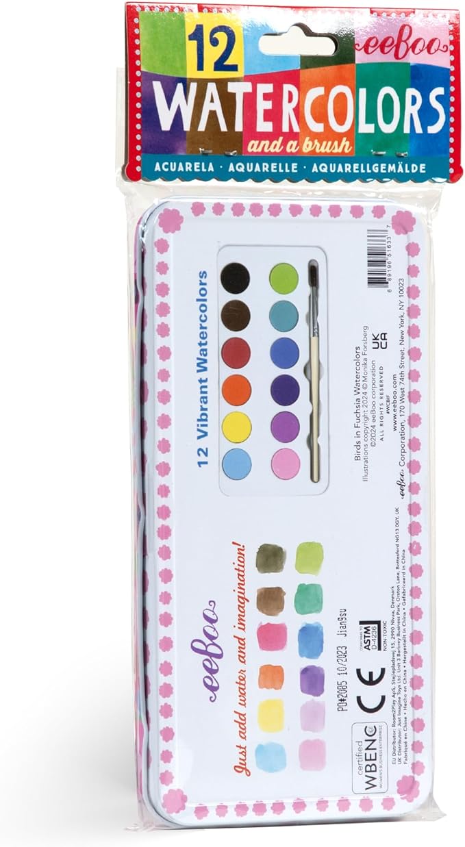 eeBoo: Birds in Fuchsia 12 Watercolors - Paint Set w Brush, Beautiful Design Tin Box, 12 Vibrant Colors, Kids Art Supplies, Ages 3+
