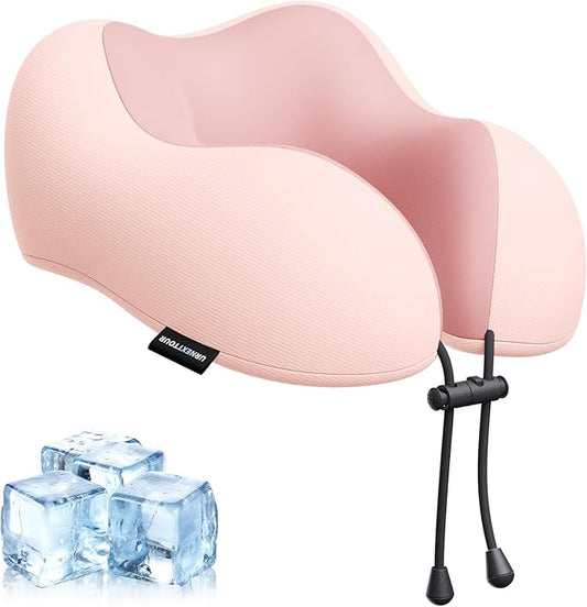 urnexttour Travel Pillow for Airplane Memory Foam Neck Pillow, Soft & Support Travel Pillow for Travelling, Sleeping Rest, Car, Train and Home Use (Pink)