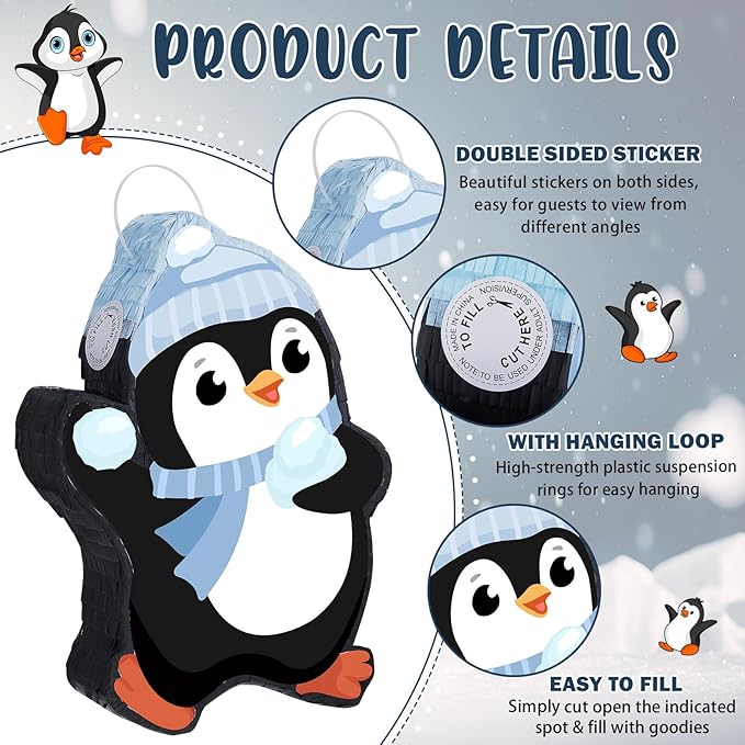 Lewtemi 15.1 Inch Penguin Piñata Winter Penguin Party Supplies Candy Animal Piñata with Stick Confetti and Blindfold Gift for Boy Girl Adults Winter Theme Birthday Party Supplies Decorations (Elegant)