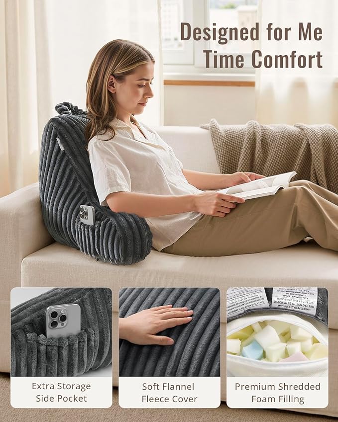 Blissful Diary Reading Pillow for Sitting in Bed, Flannel Back Pillow Bed Sitting Up for Adult & Children, Backrest Cushion for Sit Up in Couch or Floor, Dorm Essentials, Dark Gray