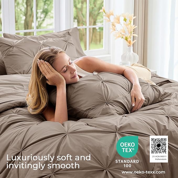 Sasttie Queen Comforter Set, 7-Piece Bed in a Bag, Pintuck Bedding Sets for All Season, Includes Comforter, Flat Sheet, Fitted Sheet, Pillowcases and Pillowshams, Dark Linen