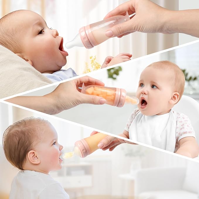 Baby Multifunctional Complementary Food Bottle, Silicone Milk Bottle 3-in-1, Including Dispensing Spoon, Regular Nipple and Fruit Puree Feeding Nipple, Auxiliary Weaning Bottle