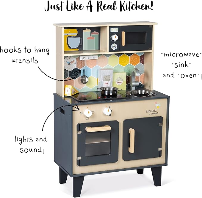 Janod - Mozaïc Big Cooker - Play Kitchen for Children - Children's Kitchen with Sound and Light - Wooden Kitchen with 3 Accessories + 3 Food Boxes - from 3 Years - J06609