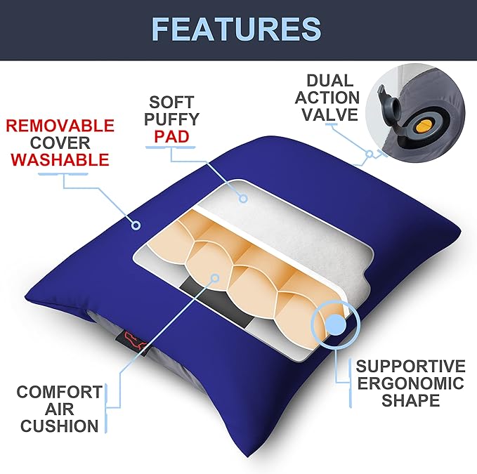 rioyalo X-Foam Inflatable Camping Pillow Lite with Removable Foaming Cover | Comfortable, Washable Ultralight Portable with Neck Lumbar Support | Backpacking, Hiking, Travel, Air | Small (Ocean Blue)
