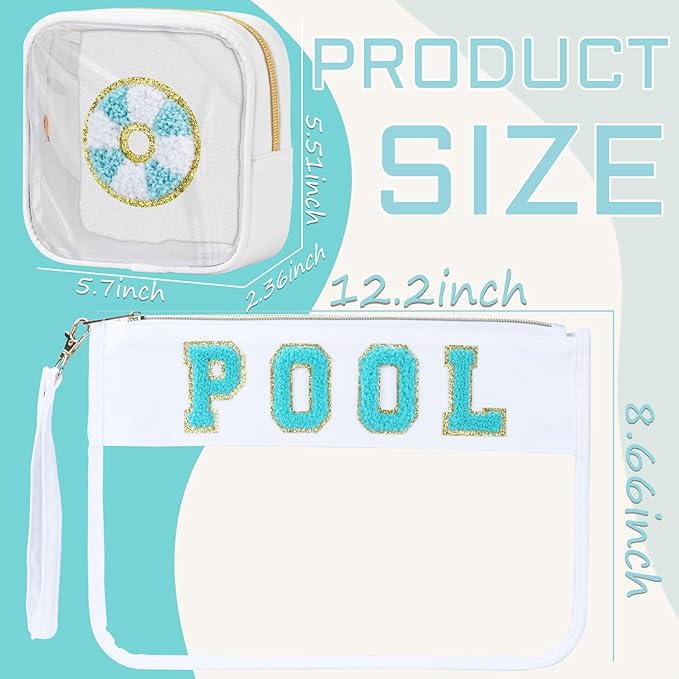 BuyCard 2 Pcs Pool Bag Cosmetic Makeup Bag with Chenille Letter Patch, Clear Pouch PVC Organizer Purse, Waterproof Travel Beach Bag, Portable Toiletry Storage Bag
