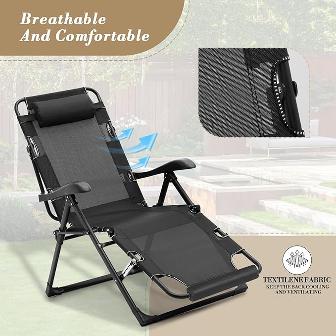 Athena Collection Zero Gravity Outdoor Lounge Chair Recliner, 27" Width Reclining Pool Lounge Lawn Chairs with Headrest Curved Armrest Foot Pad, Outdoor Chaise for Beach Patio Outside, Black