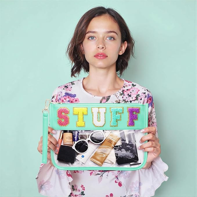 BuyCard Clear Stuff Bag for Travel, Preppy Chenille Letter Embroidered Zipper Pouch, Waterproof PVC & PU Leather Clear Cosmetic Bag, Toiletry Makeup Bag for Women Girls Mint Green