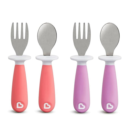 Munchkin® Raise™ Toddler Fork and Spoon Utensil Set, Rest Keeps Tip Off Table, BPA Free, 4 Pack, Pink/Purple