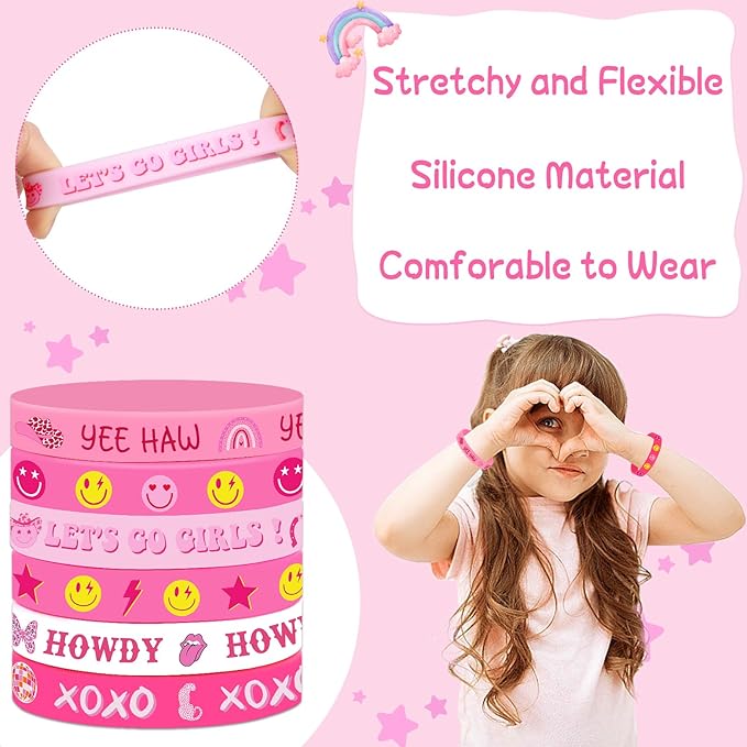 JUNEBRUSHS 42pcs Preppy Party Favors Bulk Pink Preppy Birthday Rubber Bracelets Silicone Wristband for Girls Students Birthday Party Favor Gift Supplies(6 Style)