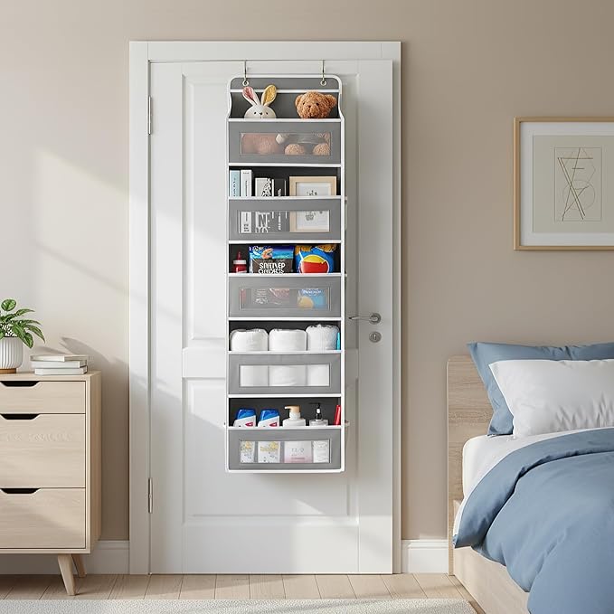 Over The Door Storage Organizer,Hanging Door Organizer with 5 Pockets Mesh Side Bag,Sturdy Hanging Shelves for Toys,Diaper,Nursery,Bedroom,Bathroom,15.7"×6.7"×57",Grey