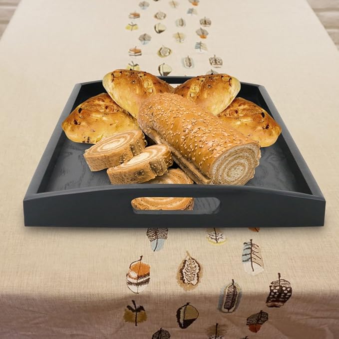 DILLMAN Serving Tray Large Black Wood Rectangle Food Tray Butler Tray Breakfast Tray with Handles (Small)