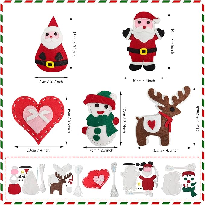Jtnohx Sewing Kit for Kids, Felt Christmas Ornaments Set, 5 Sets DIY Craft Kits - Christmas Deer, Santa Claus, Snowman, Heart, Christmas Tree Decor for Home Party Decorations