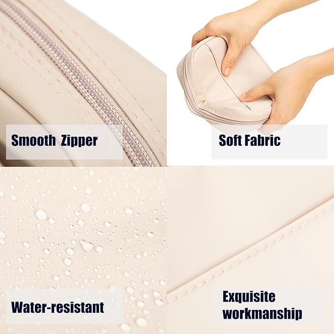 Hekyip Rectangular Beauty Bag, Small Travel Makeup Bag for Purse, Portable Waterproof Cosmetic Pouch for Ladies Women (Rectangular - Beige)