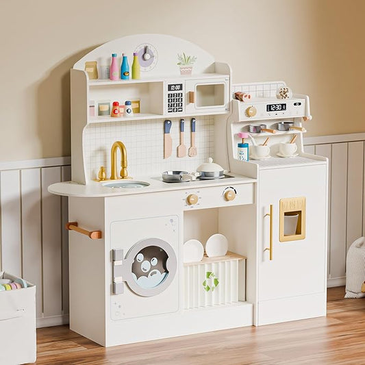 JOYMOR Kids Play Kitchen Sets w/Coffee Machine & Plenty of Play Kitchen Accessories, Wooden Kitchen Set Gift, Ideal for Creative Pretend Play for Toddlers, Girls & Boys (Cream&Gold)