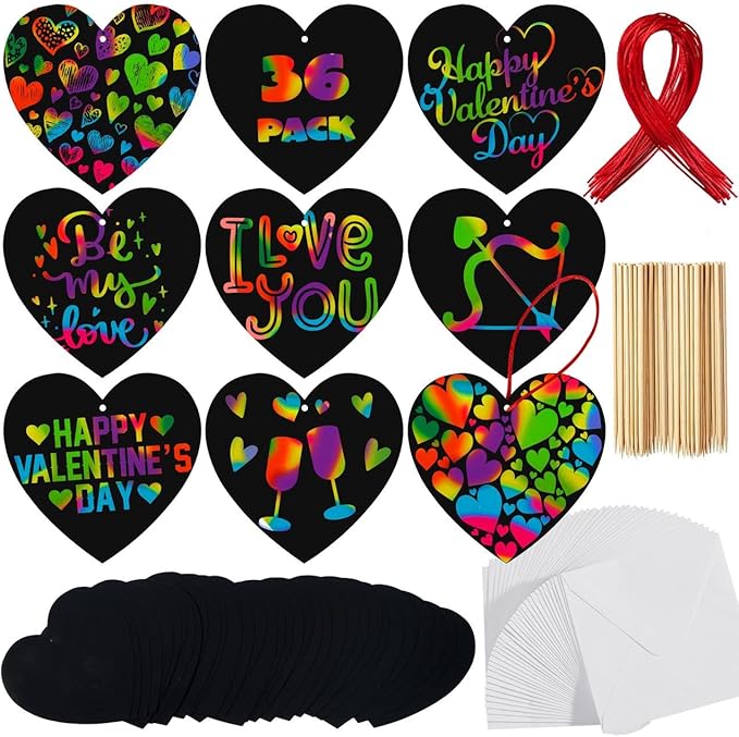 JOYIN 36 Packs Valentines Day Gifts Cards for Kids Magic Color Scratch Heart Rainbow Scratch Paper Heart Valentine Crafts and Art for Kids Classroom Exchange Create Rainbow Art Without Ink