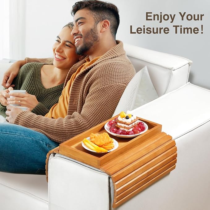 Couch Arm Tray, Bamboo Sofa Tray Table for Couch, Sofa Armrest Table, Anti-Slip Armrest Organizer, Foldable Couch Cup Holder for Snacks, Phone, Control, Cups, Light Brown