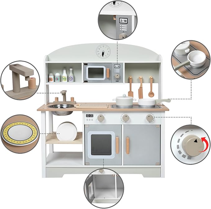Kids White Wooden Play Kitchen Sink Microwave Oven Stoves Cabinet Shelf Interactive Turning Knob Clock Little Chef Storage Kitchenware Plates Pans Cutting Board Spice Bottles Knife Spatula