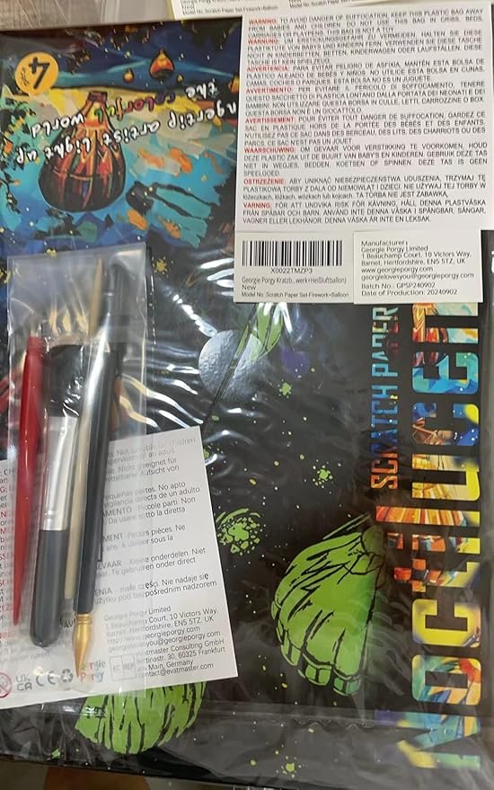 Georgie Porgy Scratch Paper Art Set for Kids Adults Magic Rainbow Painting Boards for DIY Arts and Crafts Kits Christmas Birthday Gift with Scratching Tools Kit (Glow in The Dark Fireworks + Balloon)