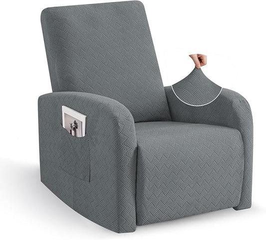 JIVINER 3 Piece Small Recliner Covers for Large Recliner with Pockets Stretch Jacquard Lazy Boy Reclining Couch Cover Soft Furniture Couch Protector with Elastic Bottom (1 Seater Small, Light Grey)