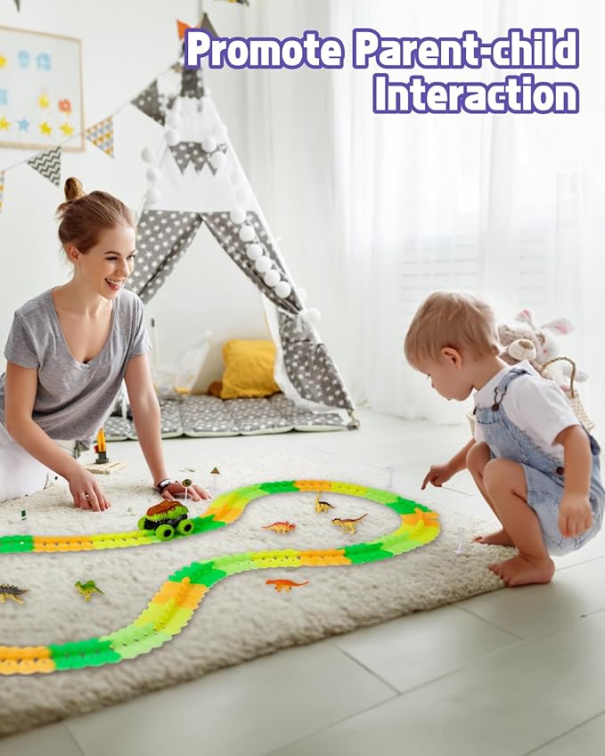 Magic Car Track Set, 154PCS Glow Race Track, Flexible Race Car Tracks, Dinosaur Train Set Glow in The Dark, Race Tracks for Kids Ages 3-8, Toddlers Birthday Gifts, for Kids