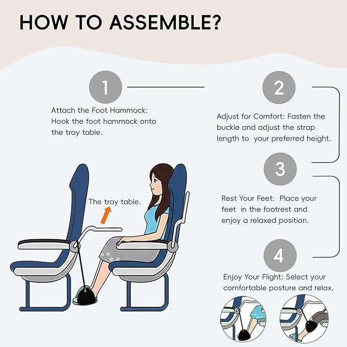 Foot Hammock for Plane Travel, Airplane Foot Hammock, Adjustable Foot Rest Sling with Memory Foam, Airplane Gadgets Travel Essentials for Long Time Flight (Black+Navy)