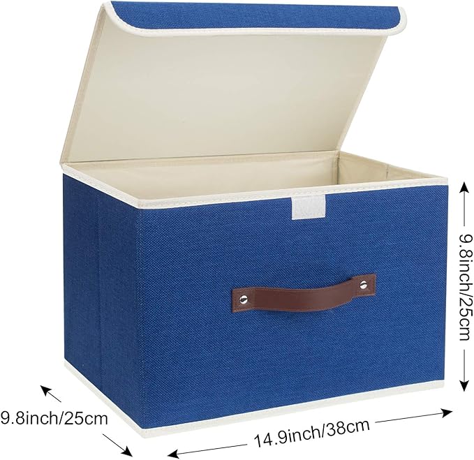TYEERS Collapsible Storage Boxes, Washable Fabric Storage Bins with Lids, 14.9x9.8x9.8 inches, 3 Pack, Classic Blue