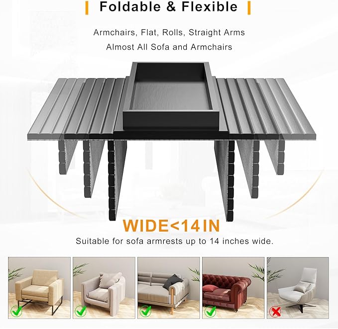 Bamboo Sofa Armrest Tray Table for Couch - 2-in-1 Couch Arm Table with Be Slide Detachable Tray- Anti-Slip Foldable Sofa Armchair Caddy for Drinks Cellphone TV Remote Snacks (Black)