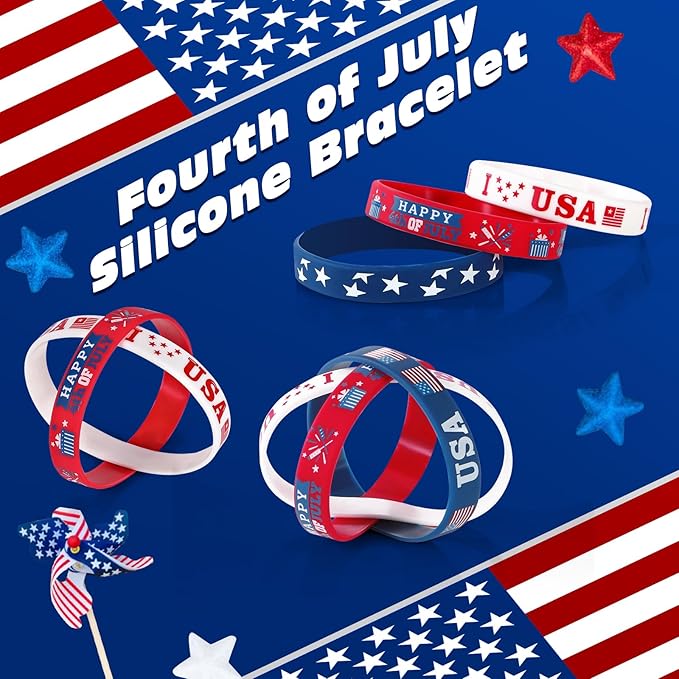 Genuvi 4th of July Patriotic Rubber Bracelets USA American Flag Wristbands Red White and Blue Silicone Bracelet for Independence Day Party Favors for Kids Teens School Classroom Prizes Gifts 30 PCS