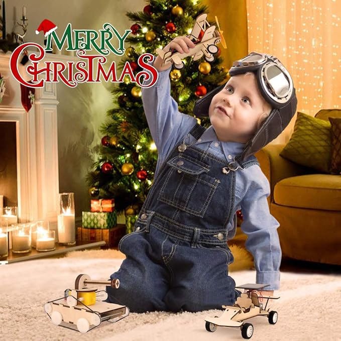 Mini Tudou 3D Wooden Puzzle Solar Car, 3-in-1 STEM Science Kit Toy to Build Wood Models Including Solar Power Vehicle Electronic Tank and Plane Toys Set, DIY Educational Play Set for Kids Boys Girls