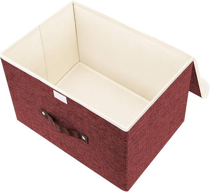 TYEERS Collapsible Storage Boxes, Washable Fabric Storage Bins with Lids, 14.9x9.8x9.8 inches, 2 Pack, Red Wine
