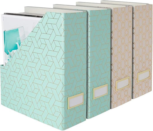 BLU MONACO | Set of 4 Foldable Pink & Aqua Magazine File Holders with Gold Geometric Patterns | Vertical File Organizer Boxes with Gold Label Holders for Home & Office